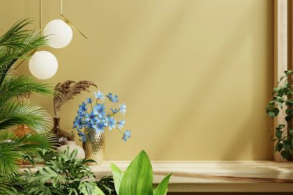 Shelf mockup in nature room,dark yellow wall.