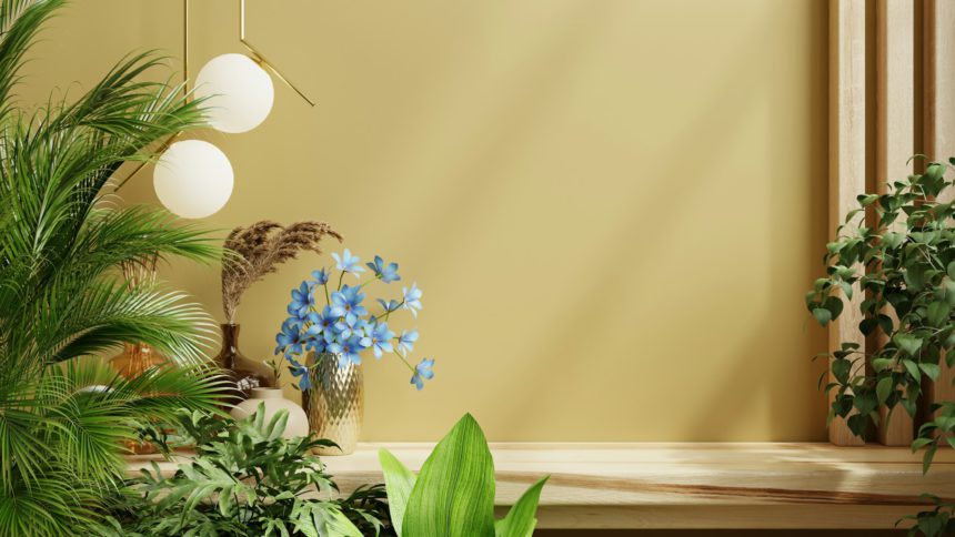 Shelf mockup in nature room,dark yellow wall.